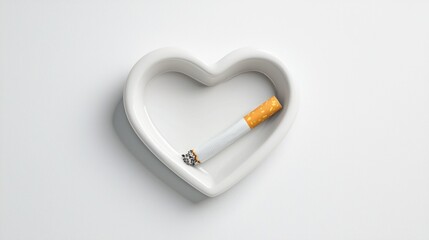 Heart Shaped Ashtray with Cigarette on a Minimalist Background