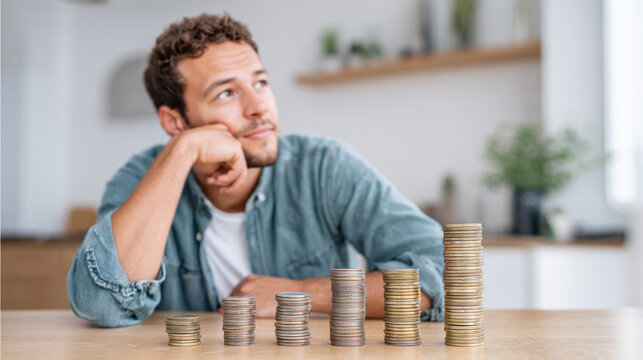 Young man thoughtfully observing stacks of coins on a bright desk, reflecting on financial growth and planning for future earnings - Powered by Adobe