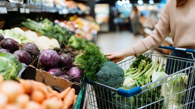 Woman shopping for fresh organic produce in a grocery store, reaching for vibrant vegetables from a cart perspective, showcasing healthy lifestyle choices - Powered by Adobe