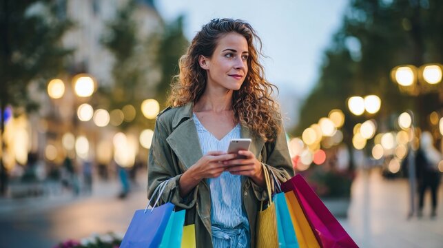 Woman shopping outdoors at sunset, holding colorful bags and checking smartphone, surrounded by bokeh street lights, creating a vibrant urban atmosphere - Powered by Adobe