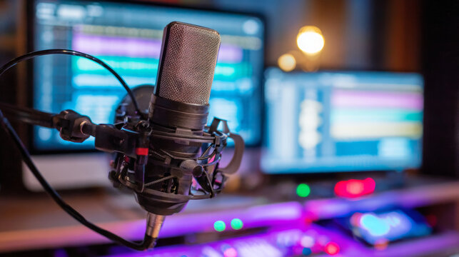 Professional recording studio setup featuring a condenser microphone and glowing DAW screens, showcasing vibrant ambient lighting and audio equipment