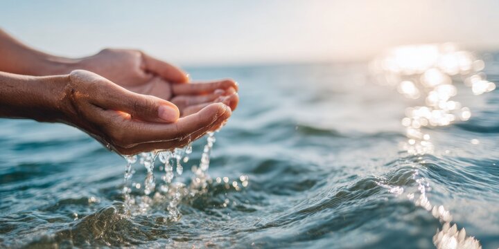 Child's hands gently cupping shimmering water, sunlight reflecting off the surface, symbolizing innocence and the importance of water conservation
