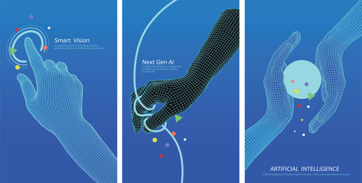 Futuristic AI technology banners set. 3D wireframe hands interacting with digital interfaces, spheres, and glowing lines on blue background. Concepts of Smart Vision, Next Gen AI, and Virtual Reality