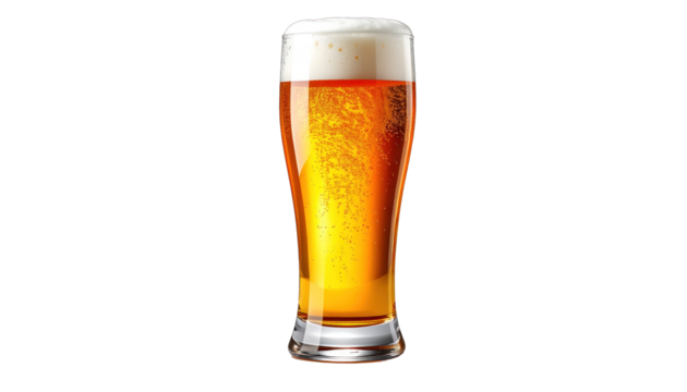 Tall glass filled with golden, bubbly brew, topped with a frothy white head