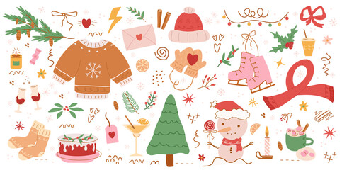 winter pattern, cute illustration.  tree, stars, dots, snow, simple  design. hand drawn doodles are isolated on a pink background. A trend concept for print, banner, social networks, poster. png art