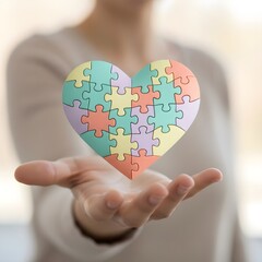 Inclusivity and Emotional Support Concept with Pastel Puzzle Heart in Hand