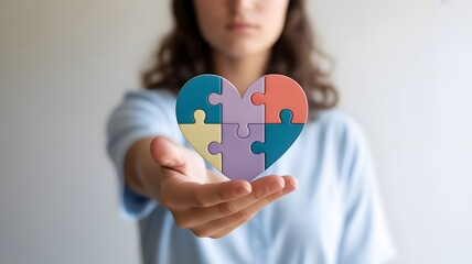 Inclusivity and Emotional Support Concept with Pastel Puzzle Heart in Hand