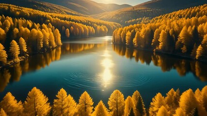 Golden autumn forest surrounding a calm lake reflecting the setting sun Keywords: autumn, fall, forest, trees, golden, yellow, lake - Powered by Adobe