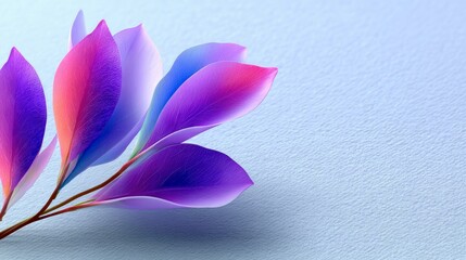 A close-up shot of abstract, colorful leaves with a gradient of purple, pink, and blue hues, set against a soft, textured light blue background.