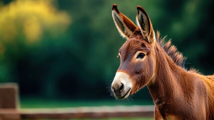 Fototapeta premium Adorable Brown Donkey Portrait in a Green Pasture