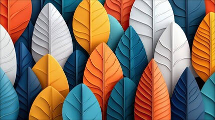 A vibrant, abstract pattern composed of stylized leaves in various colors like orange, yellow, blue, and white, arranged in a dense, overlapping composition wit