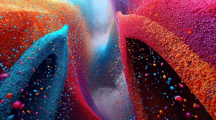 An abstract, close-up view of countless tiny, colorful particles in motion, creating swirling shapes and textures in vibrant shades of blue, red, orange, and pu