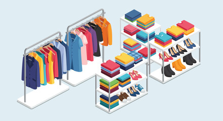 Stylish wardrobe interior design featuring clothing racks with fashionable apparel and shoes, ideal for showcasing retail fashion concepts