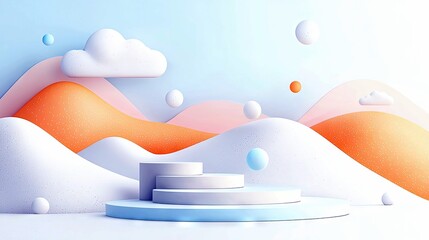 A minimalist 3D rendering features a multi-tiered circular platform in the foreground, set against a backdrop of abstract, layered hills and floating spheres. T