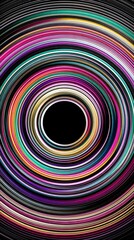 An abstract, colorful, and dynamic visual with concentric swirls of various vibrant colors radiating outwards from a central black circle.