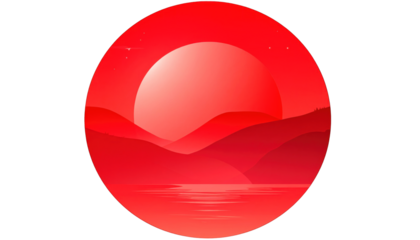 Red round art of a sunset, mountains, and water, with stars