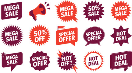 Collection of fifteen isometric sale badges and banners featuring words like mega sale fifty percent off special offer and hot deal in various colors and shapes