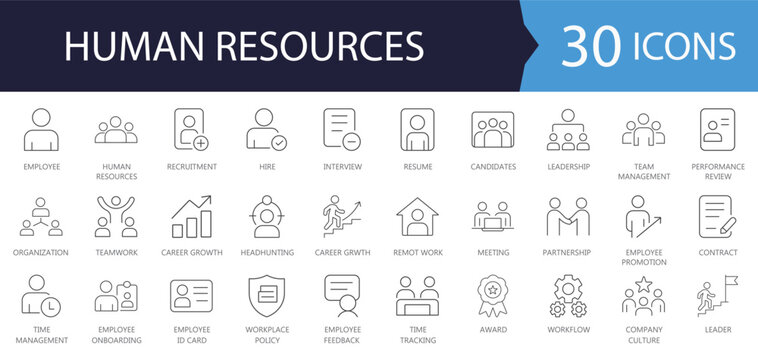 Human Resources Icon set. Features icons of contract, employee, interview, job, and Teamwork. Perfect for corporate HR, career websites, and training.