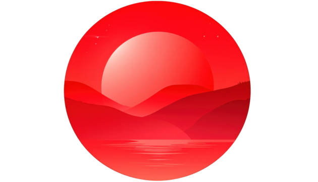 Red round art of a sunset, mountains, and water, with stars