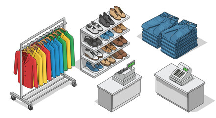 Stylish clothing retail display with colorful garments, shoes, and jeans ready for shoppers, showcasing a modern shopping experience