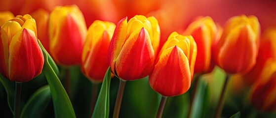 Fototapeta premium Vibrant Red and Yellow Tulips in a Spring Garden