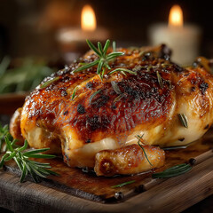 Crispy roast chicken quarter with glistening juices and char marks under warm moody light — high-detail food close-up