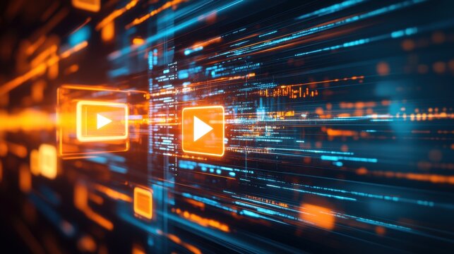 Futuristic Digital Composition with Glowing Data Streams and Symbols