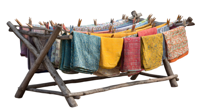 A wooden clothes horse laden with freshly washed, colorful quilts drying in a village backyard, isolated on a Transparent background