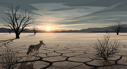 Stunning desolate landscape with coyote under a dramatic sky, perfect for conveying environmental concerns or a sense of isolation and resilience