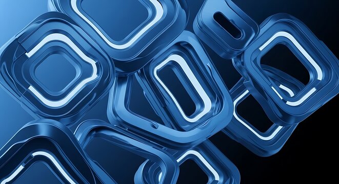 Abstract blue geometric shapes with glowing white light inside, creating a futuristic and modern design.