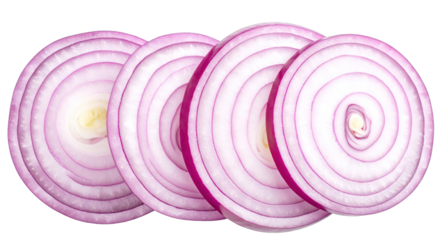 Four cross-sections of purple onion, close-up view, displaying concentric rings, isolated