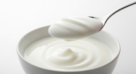 sour cream in spoon, mayonnaise, yogurt, isolated on white background, full depth of field