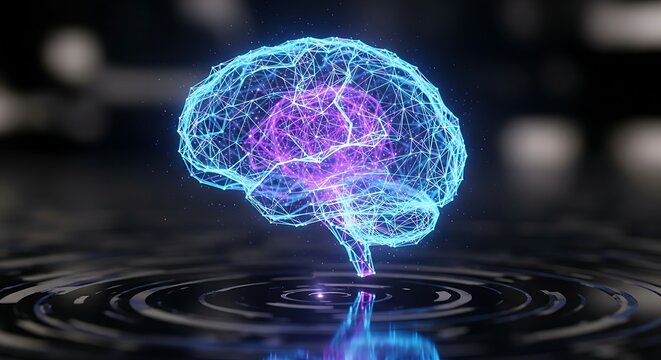 A glowing, intricate digital representation of a human brain, pulsing with light and energy, reflected in rippling water.