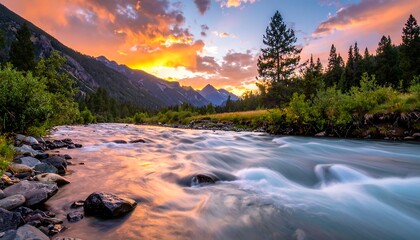 A river runs swiftly, framed by mountains and lush greenery, beneath a vibrant sunset sky