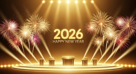New year 2026 celebration with fireworks and stage lighting festive design