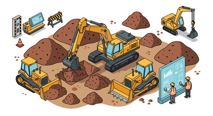 Dynamic construction site with heavy machinery and modern project management, perfect for illustrating progress, infrastructure, or engineering advancements