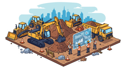 Construction workers planning site development with heavy equipment and data display in modern urban setting, envisioning progress and efficiency