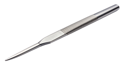 Shiny, metallic surgical scalpel with a sharply pointed blade, on black background