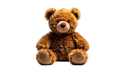 A fluffy, brown, seated teddy bear with a friendly smile, on a black background