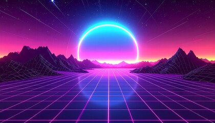 Retro-futuristic landscape with vibrant neon colors, grid floor, and glowing sphere on the horizon, under starry sky