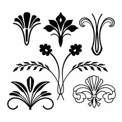 Elegant Ornament Collection: An exquisite assortment of black, swirling, stylized ornament designs, capturing the essence of refined grace and artistic charm.	