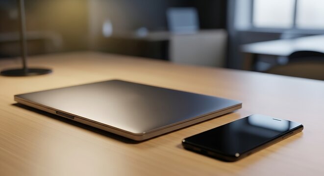 A closed laptop and a smartphone are placed on a wooden desk in an office setting.