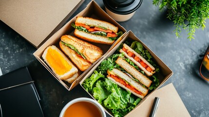 Breakfast delivery box sandwiches juice and coffee cup placed near office workspace items