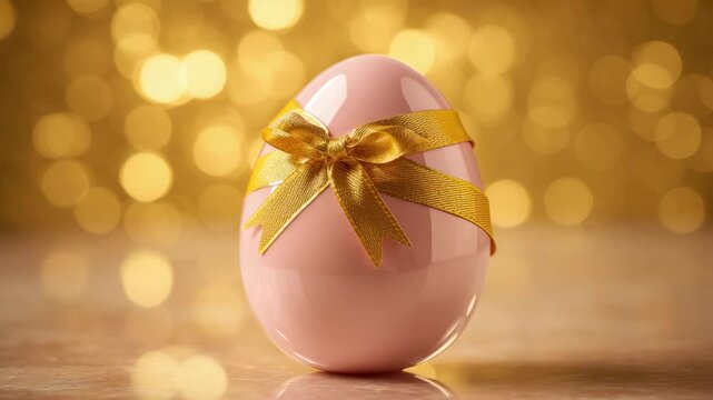 A Glossy Pink Easter Egg Decorated With A Golden Ribbon And Bow Set Against A Bokeh Background Of Golden Lights