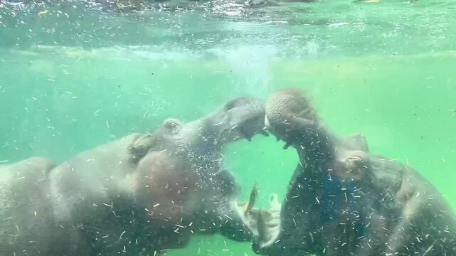 two large hippopotamuses with their mouths open, possibly interacting, playing, or displaying aggression (yawning, threat display).