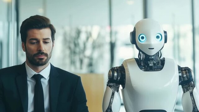 Man and robot share a moment in a modern office setting