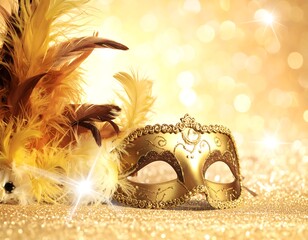 Golden Venetian mask adorned with feathers against a sparkling backdrop