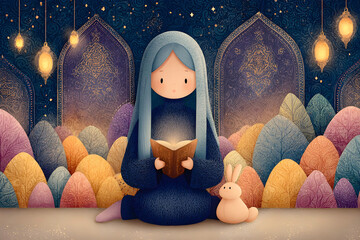 A young girl in a blue hijab sits peacefully, reading a glowing book, with a small rabbit beside her, surrounded by ornate arches, lanterns, reflecting the serene spirit of Ramadan