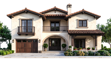 Mediterranean-style two-story stucco home with tiled roof and arched entryway