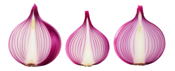 Sliced red onion with visible layers isolated on white transparent background, concept of healthy eating.